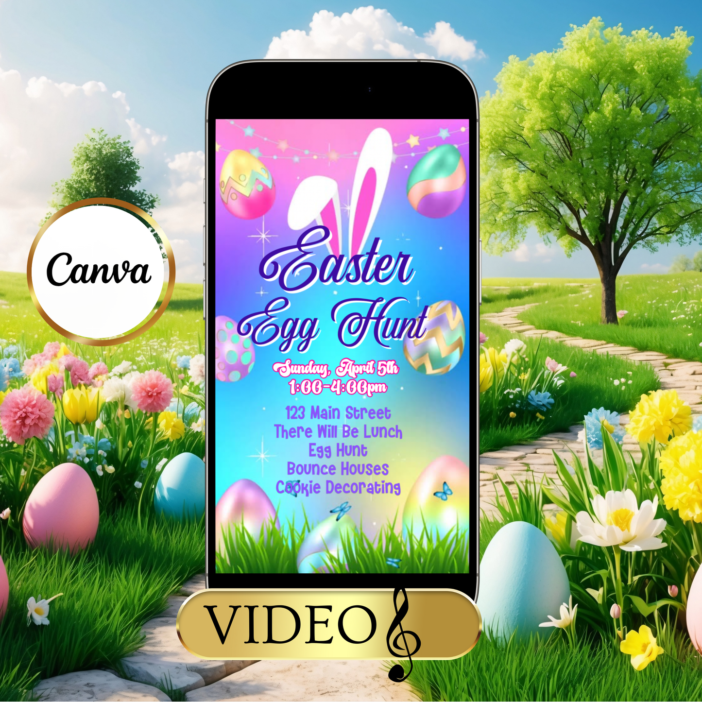 Easter Video Invitation, Easter Egg Hunt Animated Invite, Digital Canva Template