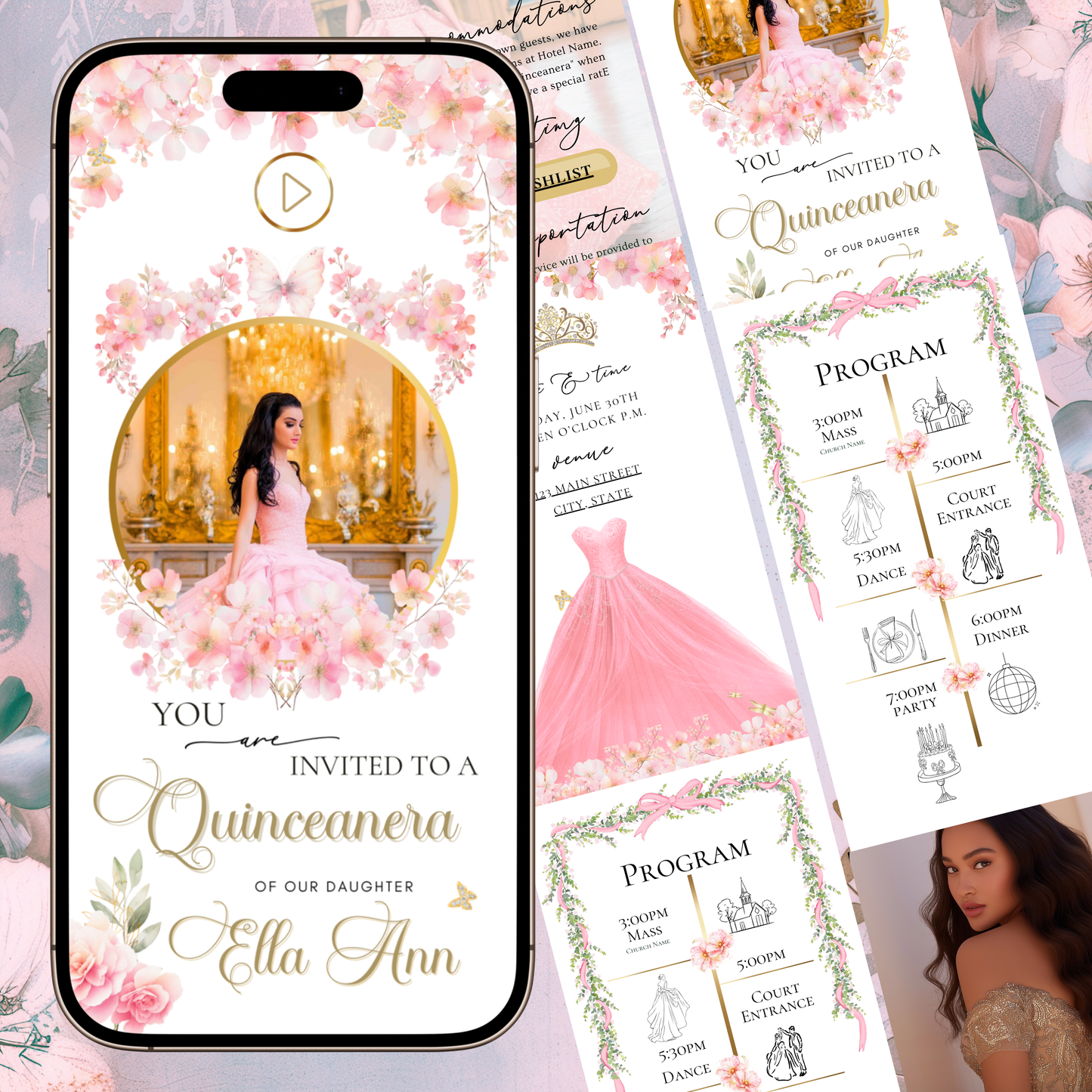 Pink Floral Quinceanera Website Invite |  Sweet 15 16 Evite RSVP Video Invitation | Canva Template