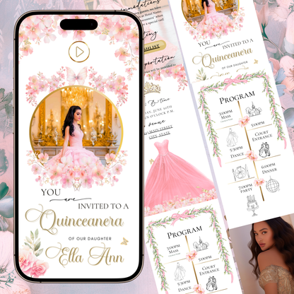 Pink Floral Quinceanera Website Invite |  Sweet 15 16 Evite RSVP Video Invitation | Canva Template