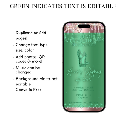 Stepping Into My Birthday Video Invite | Rose Gold Heel Digital Evite | Editable Canva Invite Template