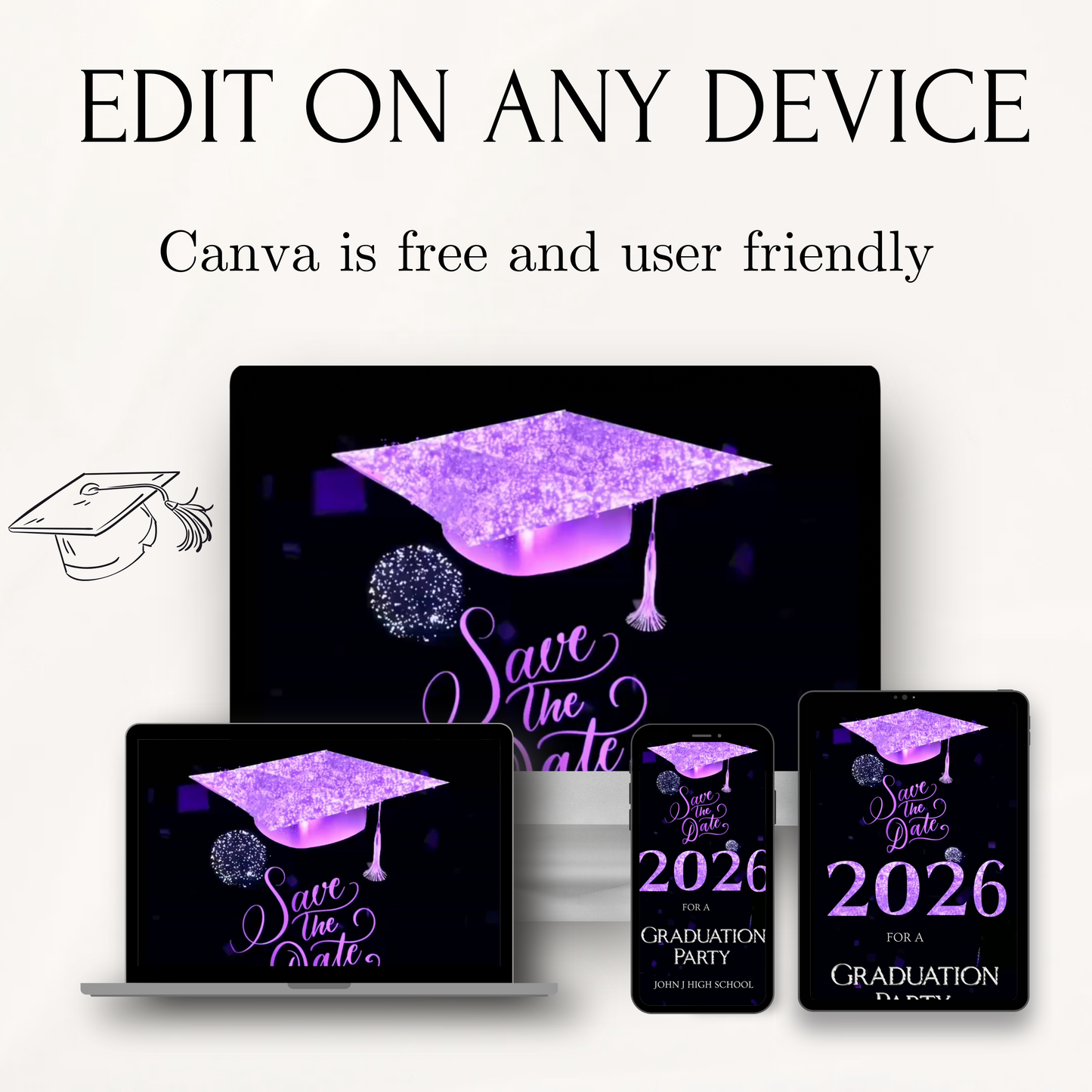2026 Graduation Party Video Invitation | Digital Purple Graduation Invite | Editable Online RSVP Evite Canva Template