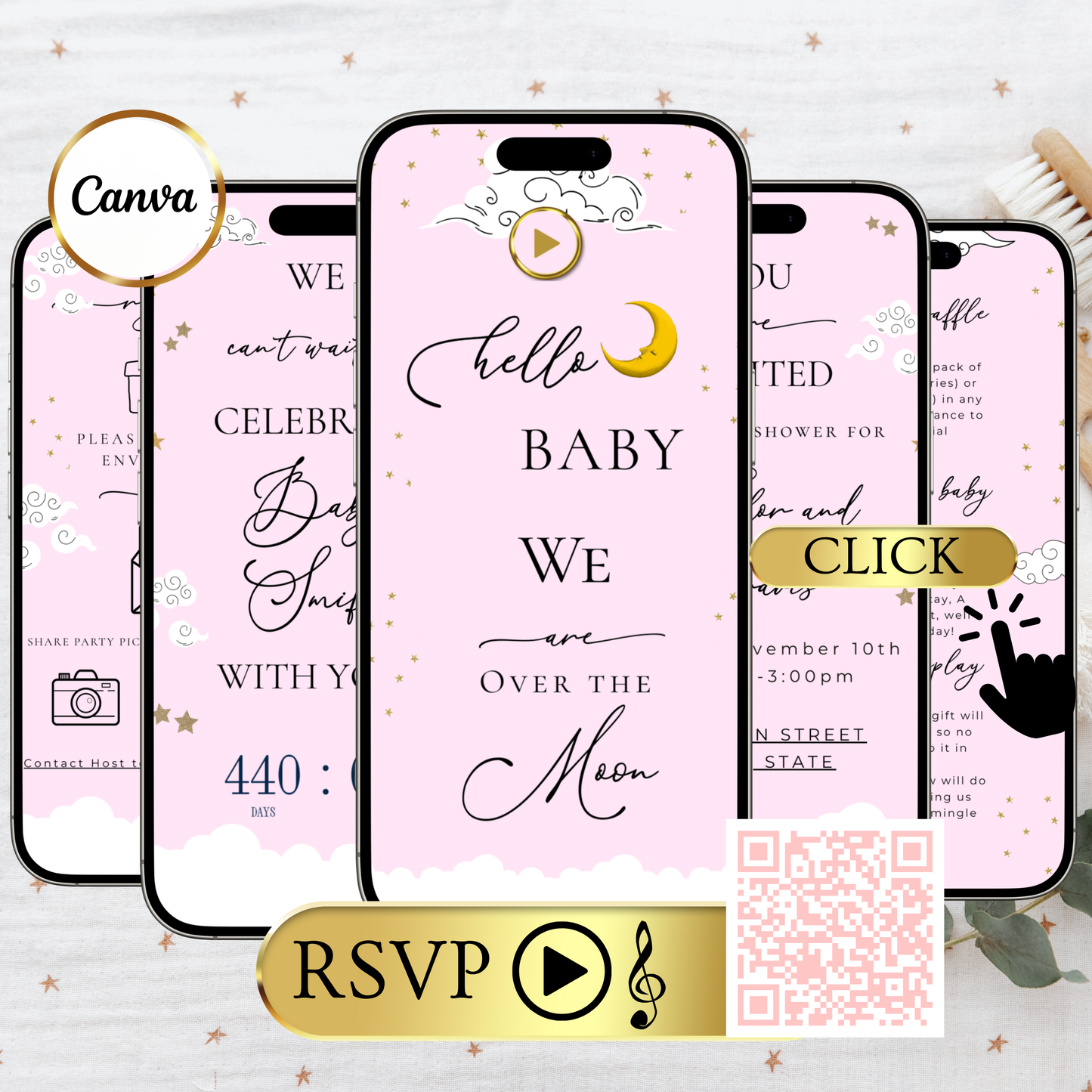 Over the Moon Baby Shower Mini Website | Canva Editable Template | Its a Girl Video Invite
