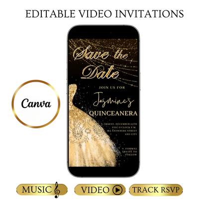 Gold Quinceanera Video Invite | Sweet 15 16 Quince RSVP Tracker | Editable Canva Evite Template