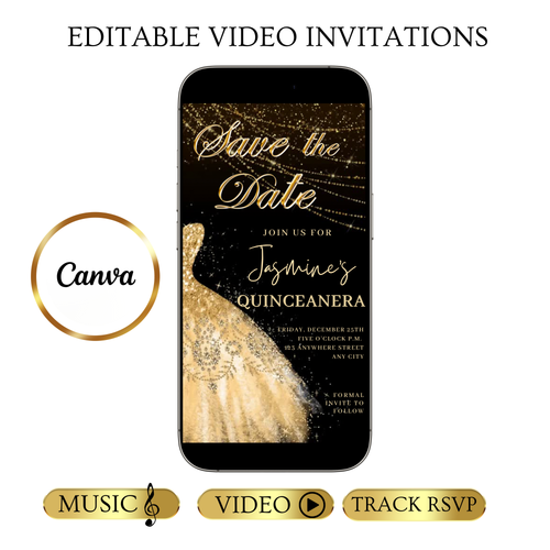 Gold Quinceanera Video Invite | Sweet 15 16 Quince RSVP Tracker | Editable Canva Evite Template