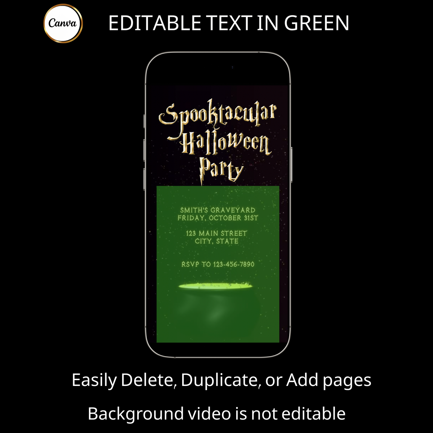 Halloween-Videoeinladung, animierte Einladung mit goldenem Kessel, bearbeitbare mobile Einladung zur Halloween-Party