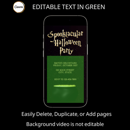 Halloween-Videoeinladung, animierte Einladung mit goldenem Kessel, bearbeitbare mobile Einladung zur Halloween-Party