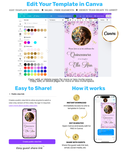 Lilac and Pink Quinceañera Video Invitation Canva Template