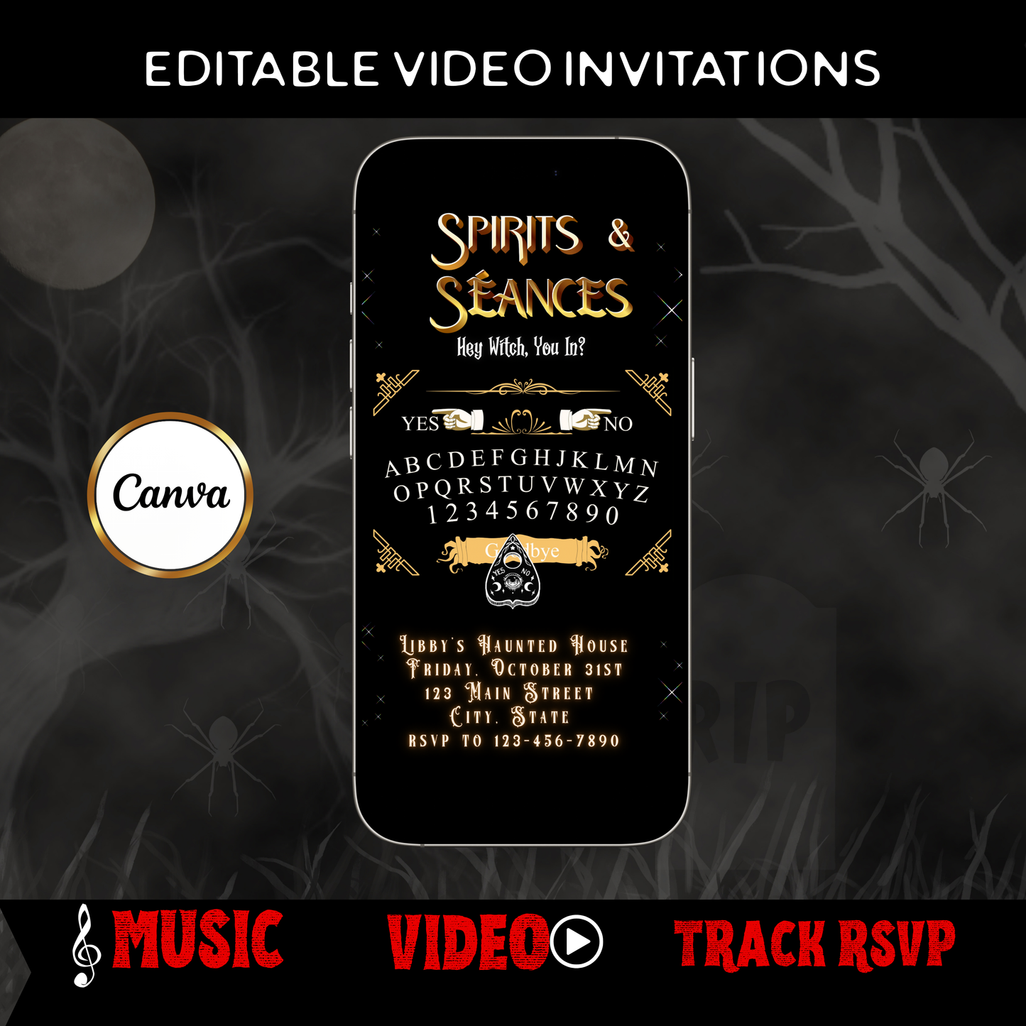 Halloween Video Invitation, Ouija Board Animated Invite, Editable Halloween Party Mobile Evite