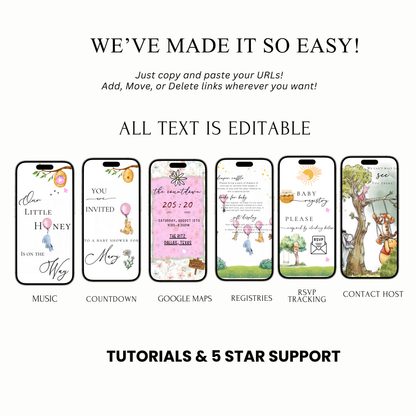 Winnie the Pooh Baby Shower Website with RSVP | Pink Girl Canva Template Invite