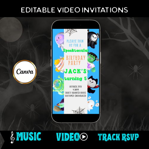 Halloween-Videoeinladung, animierte Einladung „Kleine Monster“, bearbeitbare mobile Halloween-Party-Einladung