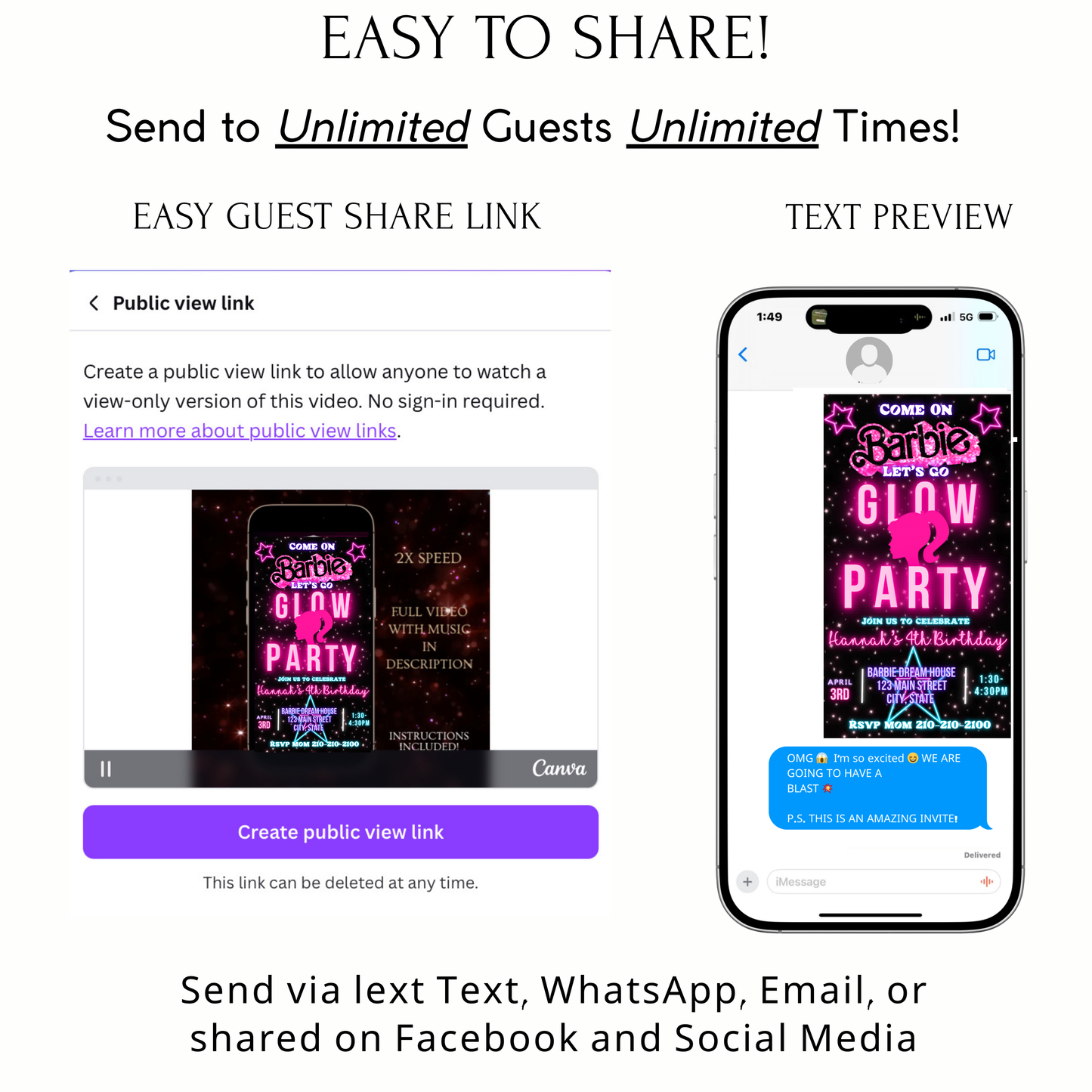 Editable Barbie Video Invitation | Animated Pink Barbie Digital Evite | Editable Canva Invite Template