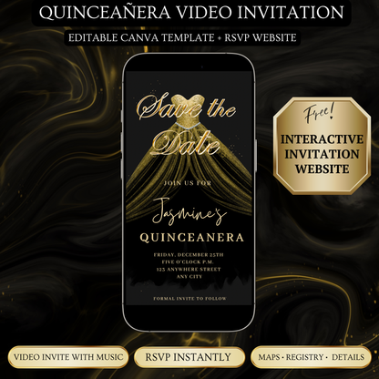 Gold Quinceañera Video Invite | Sweet 15 16 Quince RSVP Tracker | Editable Canva Evite Template