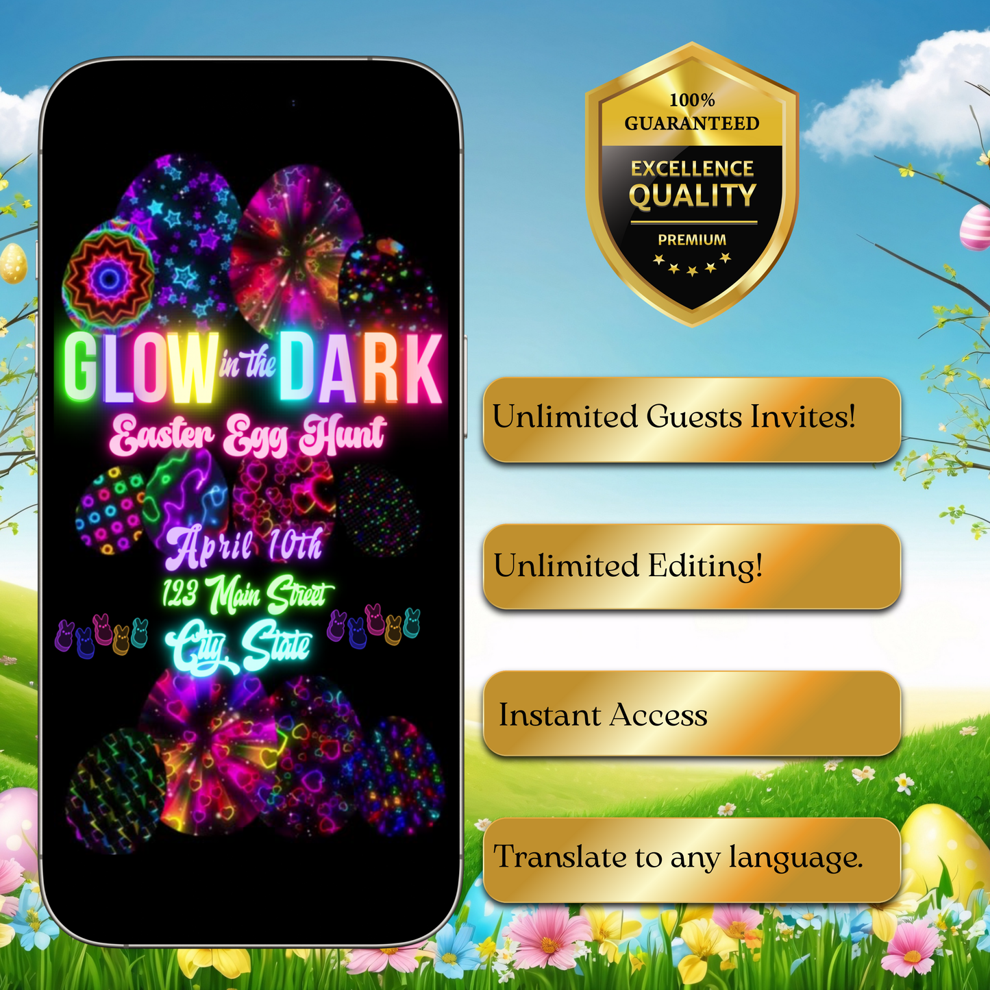 Easter Video Invitation, Neon Easter Egg Hunt Animated Invite, Digital Canva Template