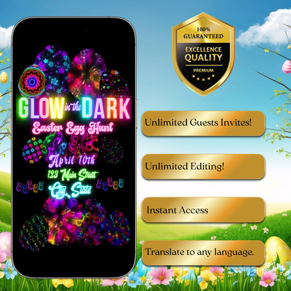 Easter Video Invitation, Neon Easter Egg Hunt Animated Invite, Digital Canva Template