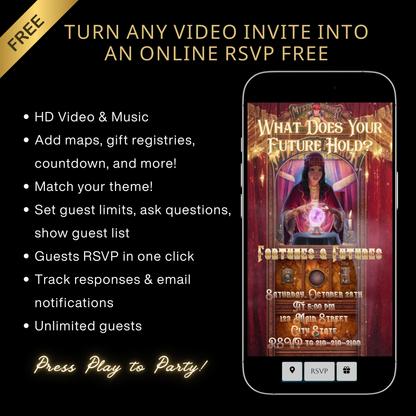 Halloween Video Invitation, Tarot Fortune Teller Animated Invite, Editable Halloween Party Mobile Evite