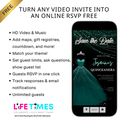 Teal Green Quinceanera Video Invite | Sweet 15 16 Quince RSVP Tracker | Editable Save the Date Canva Evite Template