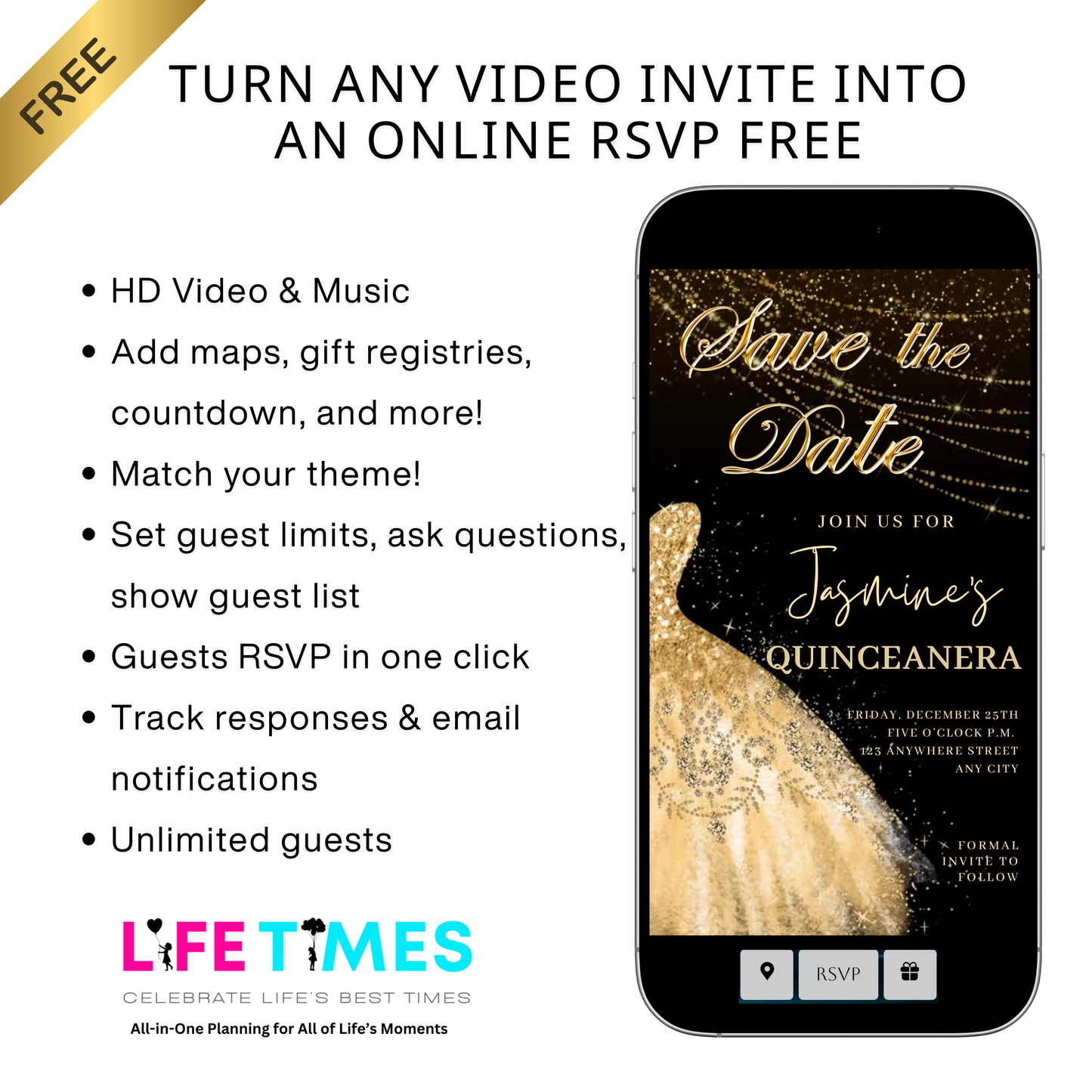 Gold Quinceanera Video Invite | Sweet 15 16 Quince RSVP Tracker | Editable Canva Evite Template