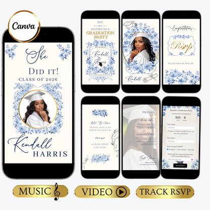 Graduation Party Video Invitation | Floral Graduation Invite for Her | Editable Online RSVP Evite Canva Template