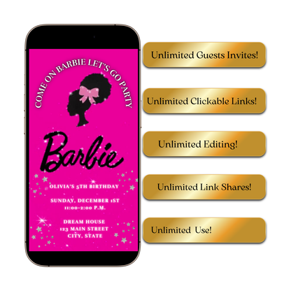 Editable Barbie Video Invitation | Animated Pink Barbie Digital Evite | Editable Canva Invite Template
