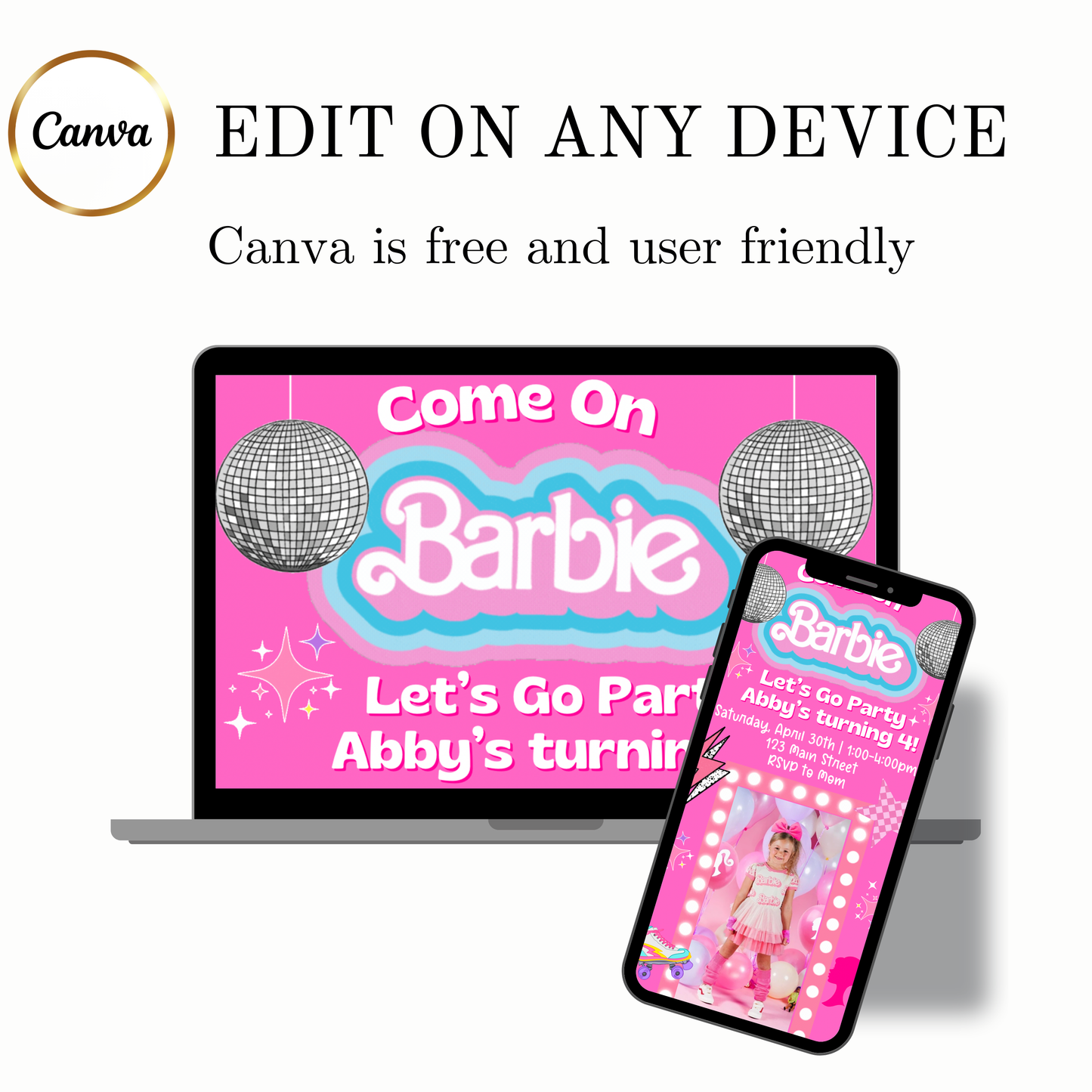 Editable Barbie Video Invitation | Animated Pink Barbie Digital Evite | Editable Canva Invite Template