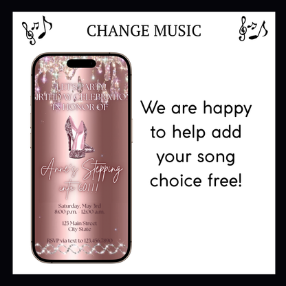 Stepping Into My Birthday Video Invite | Rose Gold Heel Digital Evite | Editable Canva Invite Template