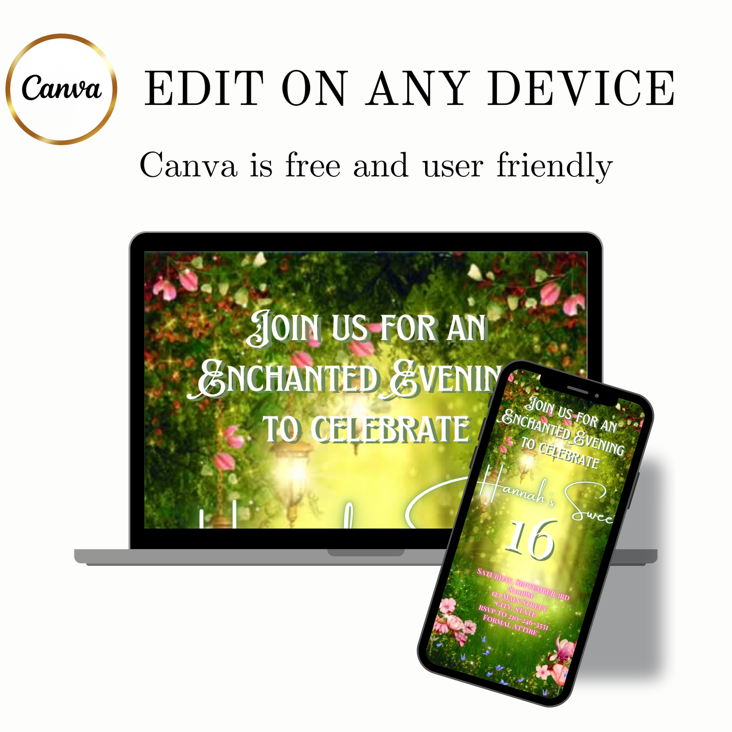 Enchanted Forest Video Invitation | Animated Fairy Garden birthday invite | Digital Canva Template