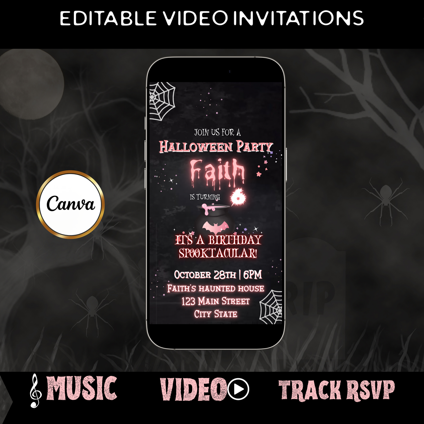 Halloween Video Invitation, Pink Ghost Boo Animated Invite, Editable Halloween Party Mobile Evite