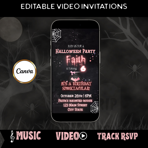 Halloween Video Invitation, Pink Ghost Boo Animated Invite, Editable Halloween Party Mobile Evite