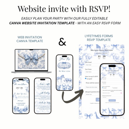 Toile de Jouy Safari Baby Shower Website Invitation Template | Editable Canva RSVP Website