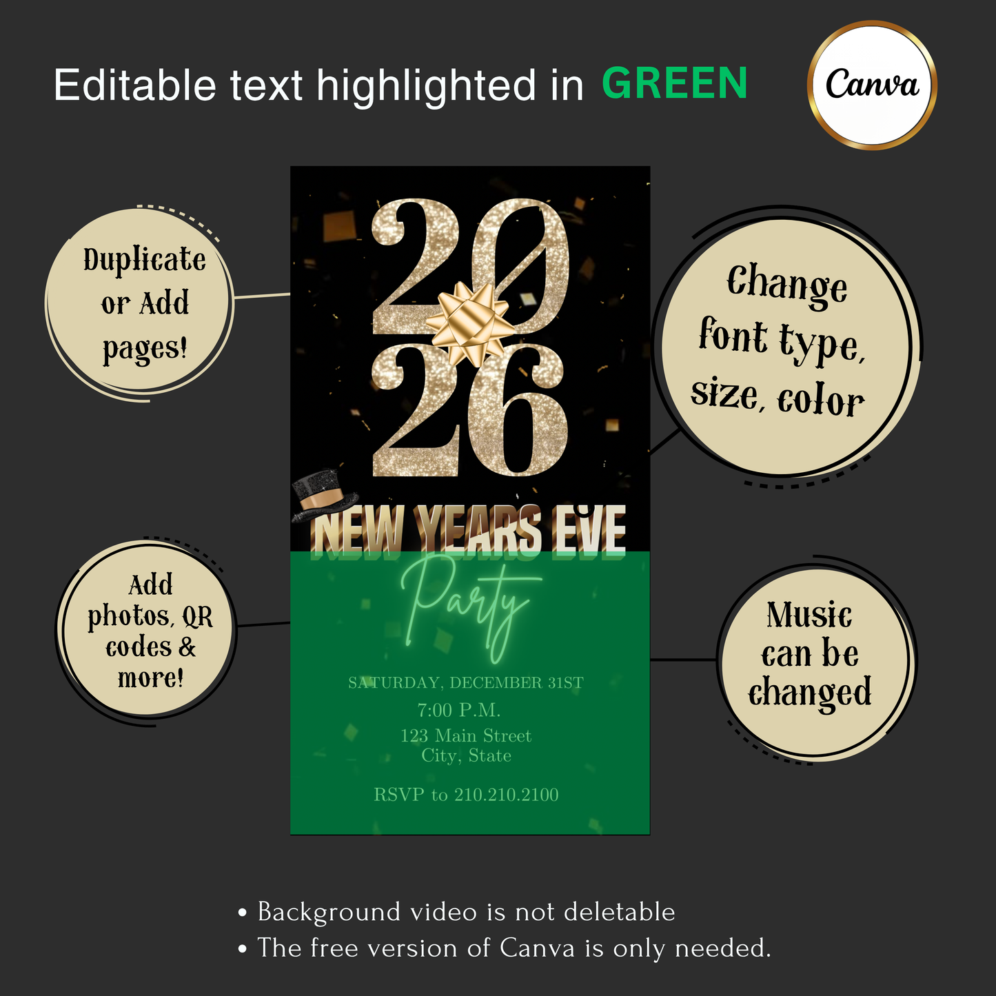 2026 New Years Eve Party Video Invitation | Digital New Year's Eve Invite | Editable Canva Template