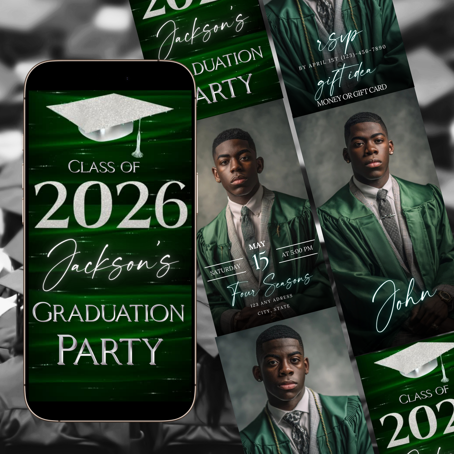 Graduation Party Video Invitation | Class of 2026 Green and Silver Invite for Him | Editable Online RSVP Evite Canva Template