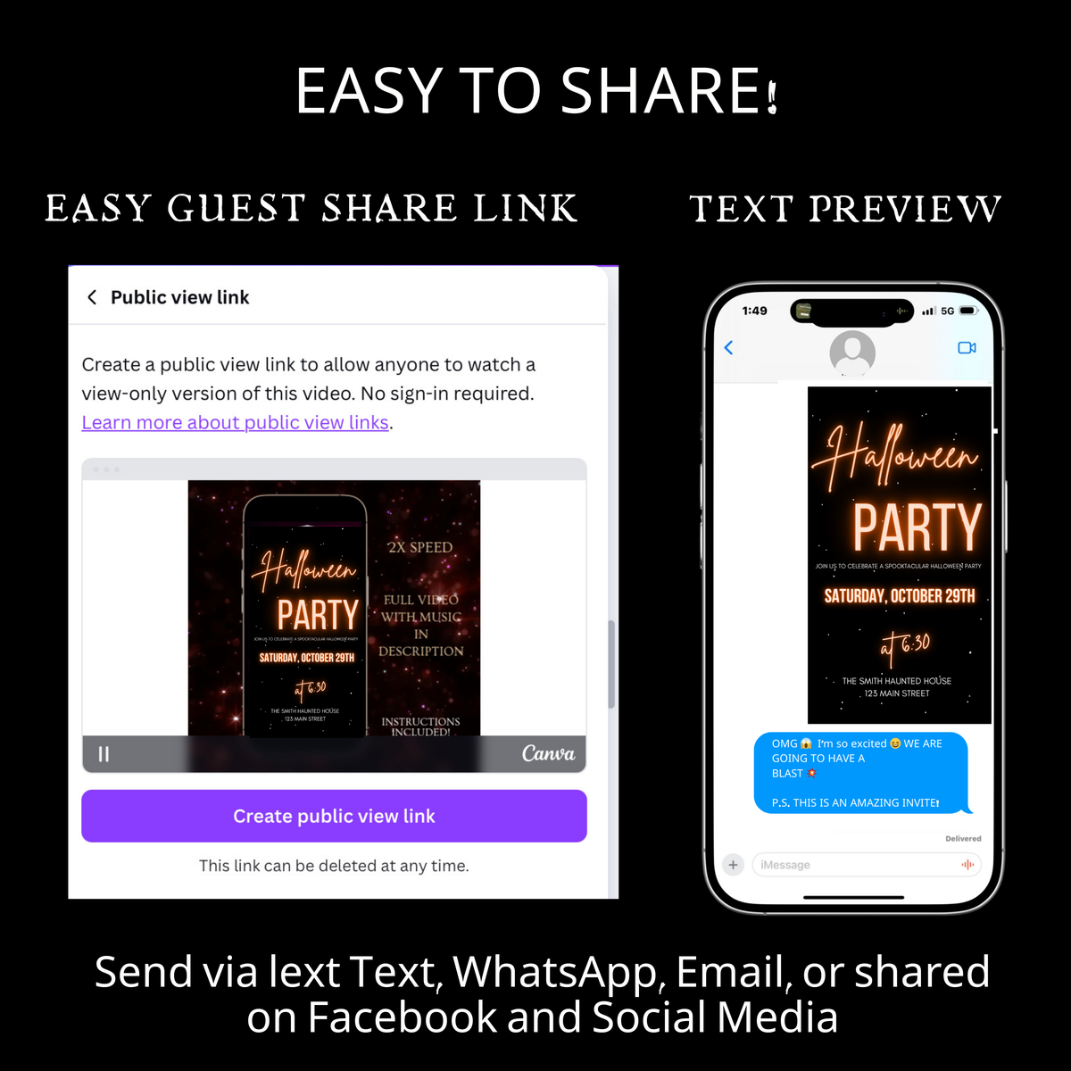 Halloween Video Invitation, Elegant Spooky Animated Invite, Editable Halloween Party Mobile Evite