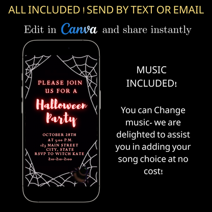 Halloween-Videoeinladung, animierte Einladung im Spinnennetz-Stil