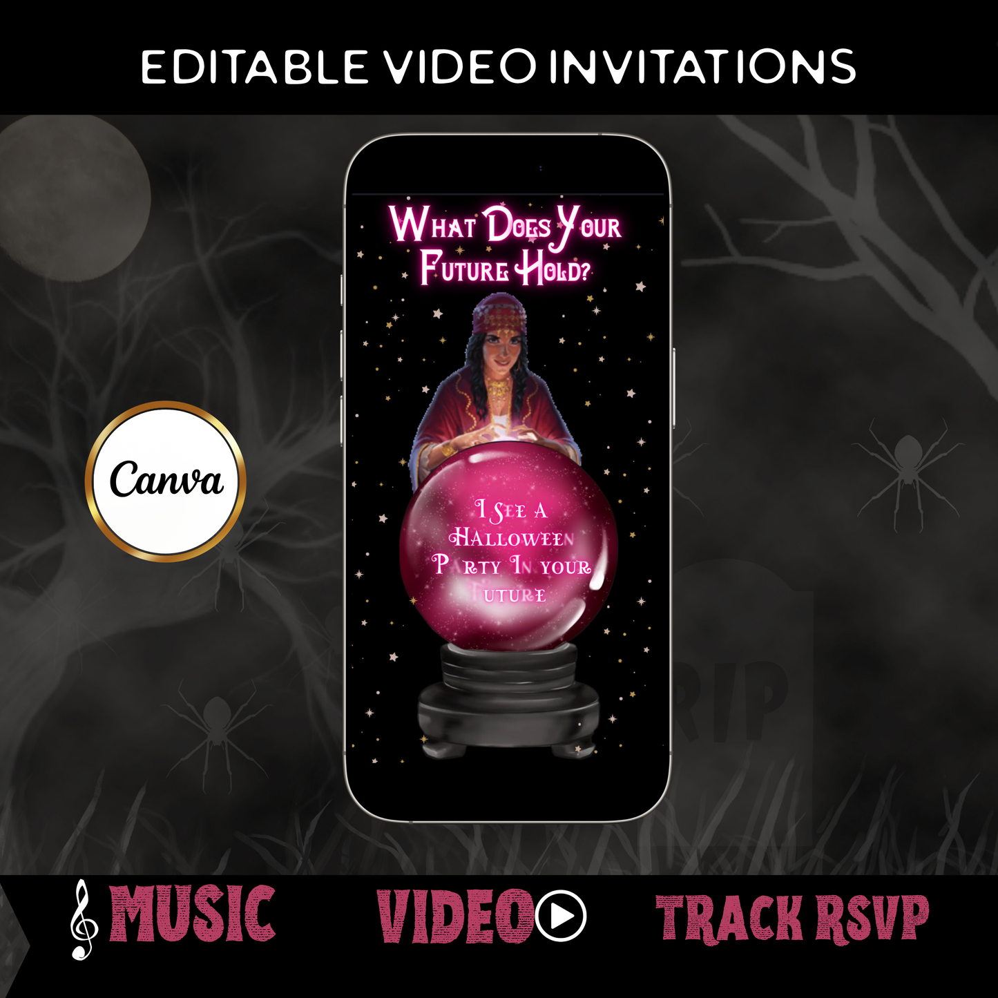 Halloween-Videoeinladung, animierte Einladung mit Tarot-Wahrsager, bearbeitbare mobile Einladung zur Halloween-Party