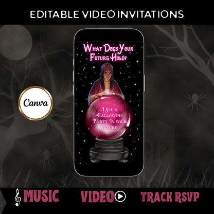 Halloween-Videoeinladung, animierte Einladung mit Tarot-Wahrsager, bearbeitbare mobile Einladung zur Halloween-Party