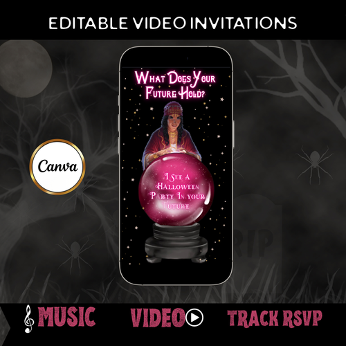 Halloween-Videoeinladung, animierte Einladung mit Tarot-Wahrsager, bearbeitbare mobile Einladung zur Halloween-Party