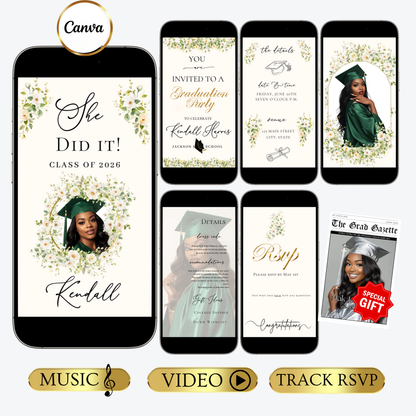Graduation Party Video Invitation | Spring Floral Graduation Invite for Her | Editable Online RSVP Evite Canva Template