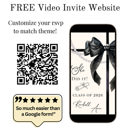 Graduation Party Video Invitation | Cream and Black Bow Graduation Invite for Her | Editable Online RSVP Evite Canva Template