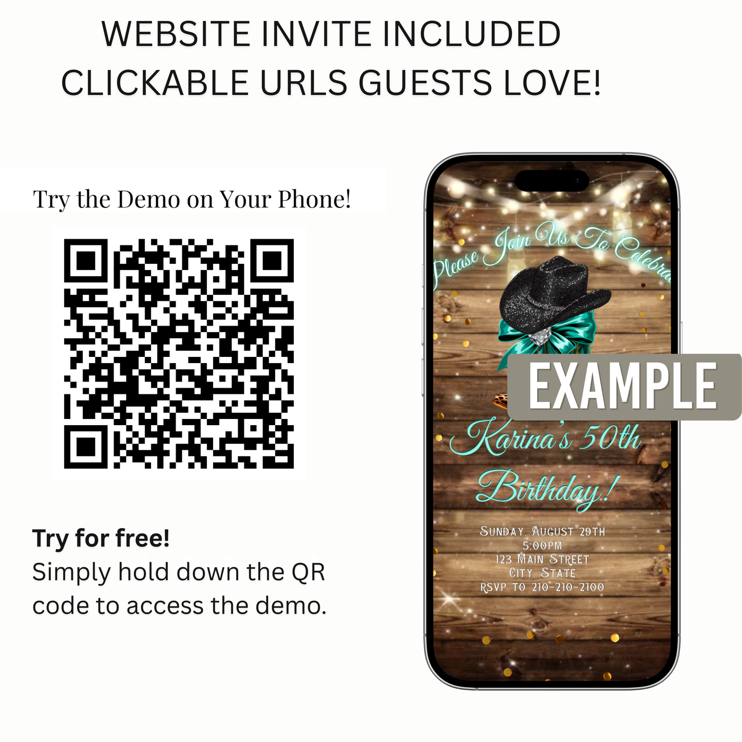 Turquoise Boots and Bling Video Invitation | Rustic Western Theme Digital Evite | Editable Canva Template