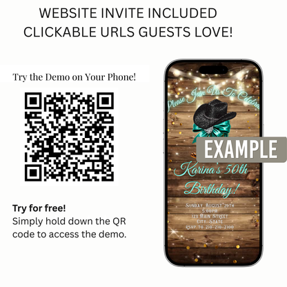 Turquoise Boots and Bling Video Invitation | Rustic Western Theme Digital Evite | Editable Canva Template