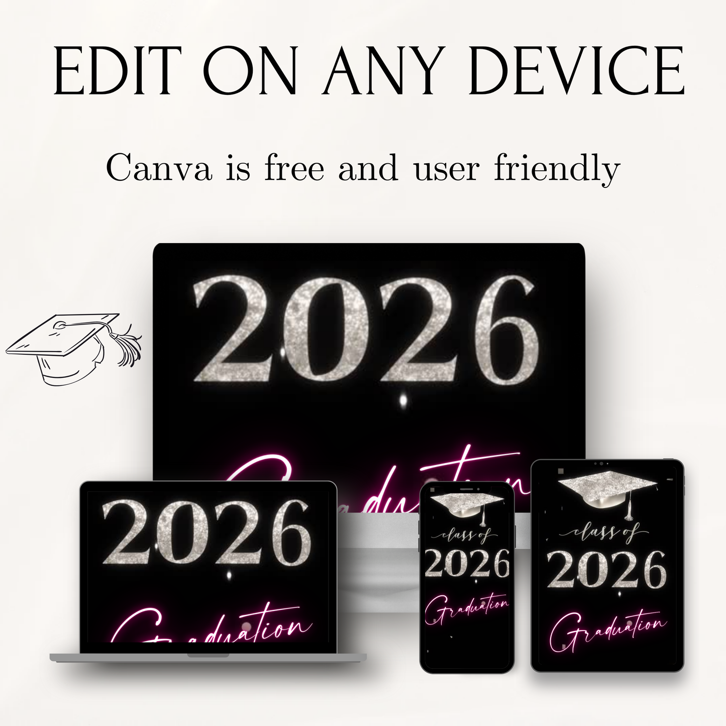 2026 Graduation Party Video Invitation | Digital Pink Graduation Invite | Editable Online RSVP Evite Canva Template