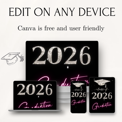 2026 Graduation Party Video Invitation | Digital Pink Graduation Invite | Editable Online RSVP Evite Canva Template