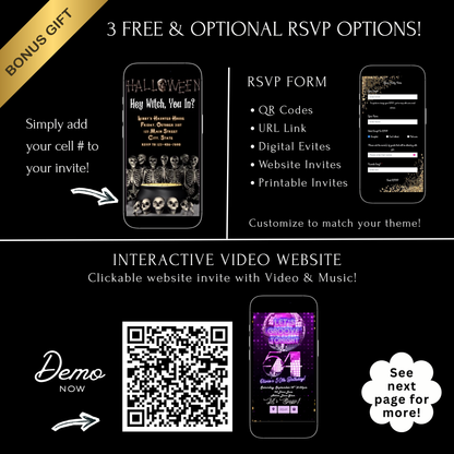 Halloween-Videoeinladung, animierte Einladung mit Skelettmotiven, bearbeitbare mobile Einladung zur Halloween-Party