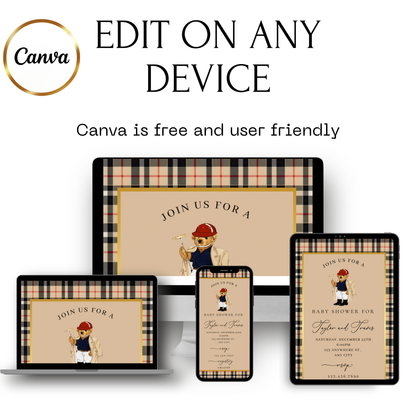 Polo Bear Baby Shower Video Invitation | Digital Burberry Plaid Invite | Editable Canva Template