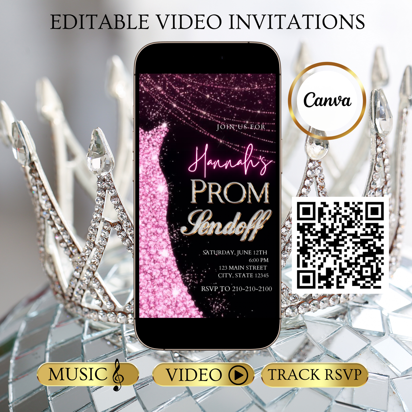 Pink Prom Send Off Video Invitation – Editable Canva Animated Invite