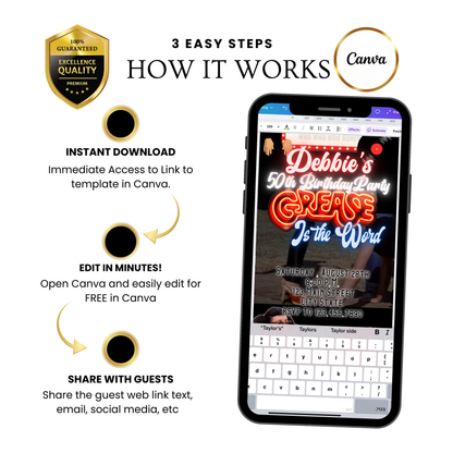 Grease Video Invitation | Digital Rockabilly 1950s Invitation | Editable Canva Evite Template
