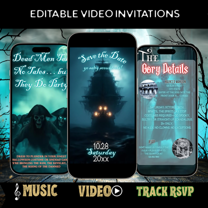 Ghost Ship Halloween Party Video Invitation | Editable Pirate Skeleton Invite | Editable Canva Invite Template