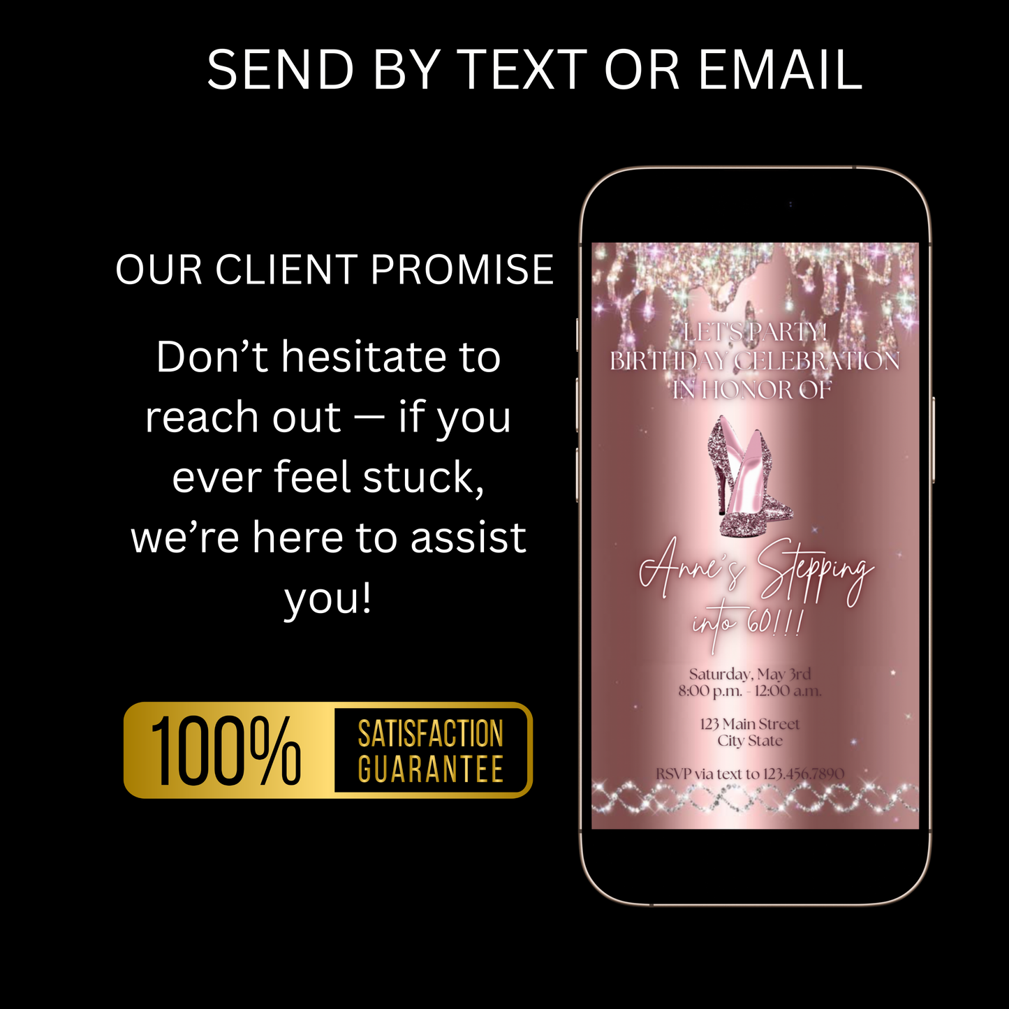 Stepping Into My Birthday Video Invite | Rose Gold Heel Digital Evite | Editable Canva Invite Template