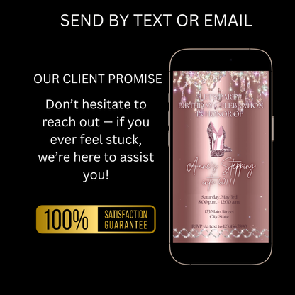 Stepping Into My Birthday Video Invite | Rose Gold Heel Digital Evite | Editable Canva Invite Template