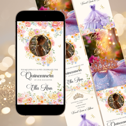 Pink Quinceanera Video Invite | Spring Sweet 15 Quince Invite | Editable Canva Evite Template